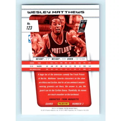 2013-14 Panini Prizm Base #123 Wesley Matthews