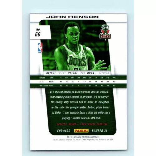 2013-14 Panini Prizm Base #66 John Henson