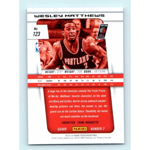 2013-14 Panini Prizm Base #123 Wesley Matthews