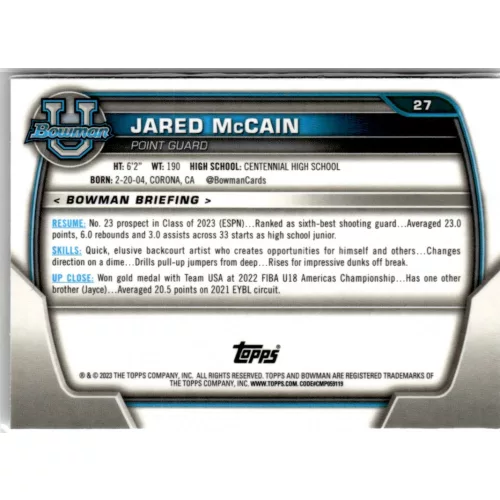 2022-23 Bowman Chrome University  #27 Jared McCain