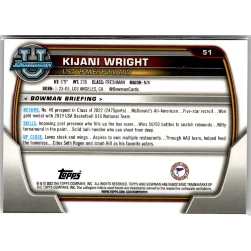 2022-23 Bowman Chrome University  #51 Kijani Wright