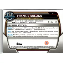   2022-23 Bowman Chrome University Blue RayWave Refractors #97 Frankie Collins 168/199